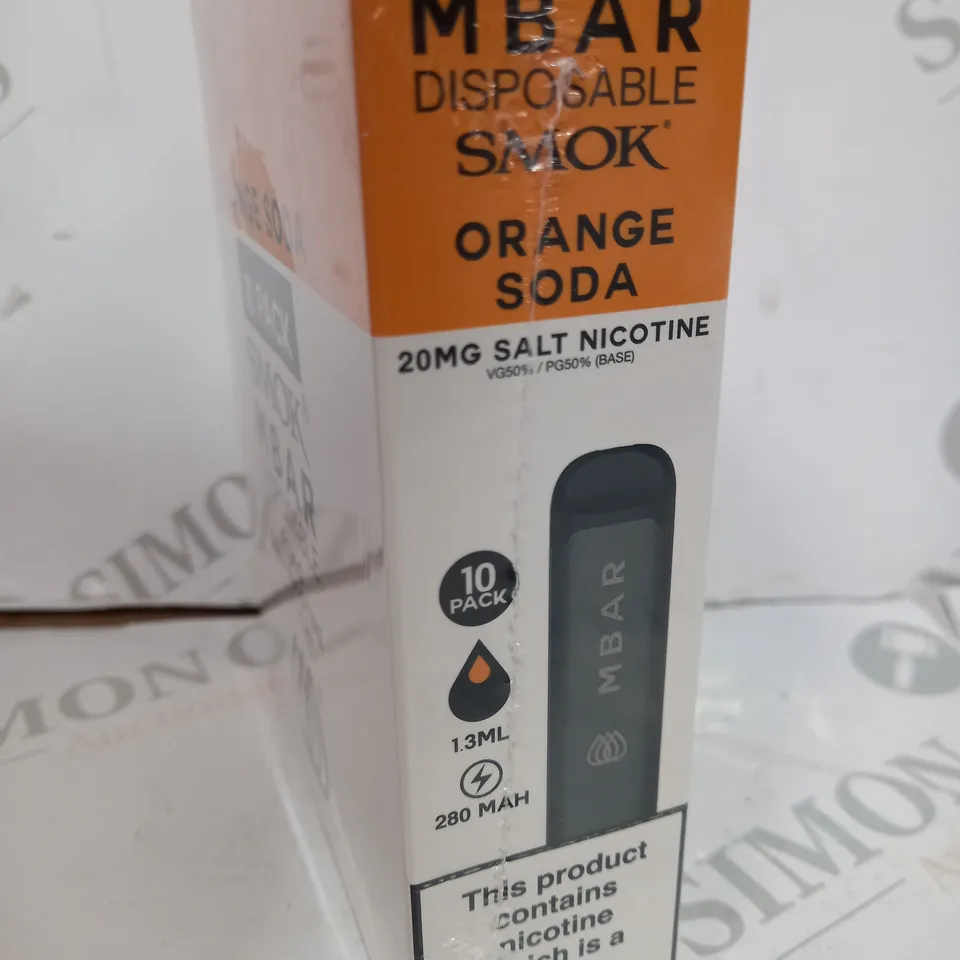 BOXED CELLOPHANE-WRAPPED PACK OF TEN ORAGNE SODE SMOK MBAR DISPOSABLE VAPES