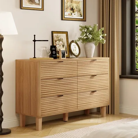 BOXED BEDROOM DRESSER WITH 6 DRAWER, WOOD WALNUT DOUBLE DRESSER, 47.2"