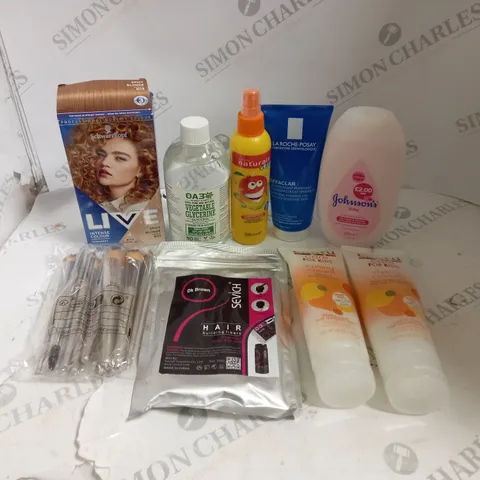 BOX OF ASSORTED COSMETIC ITEMS TO INCLUDE HAIR DYE, JONHSONS BABY AND MAKEUP BRUSHES