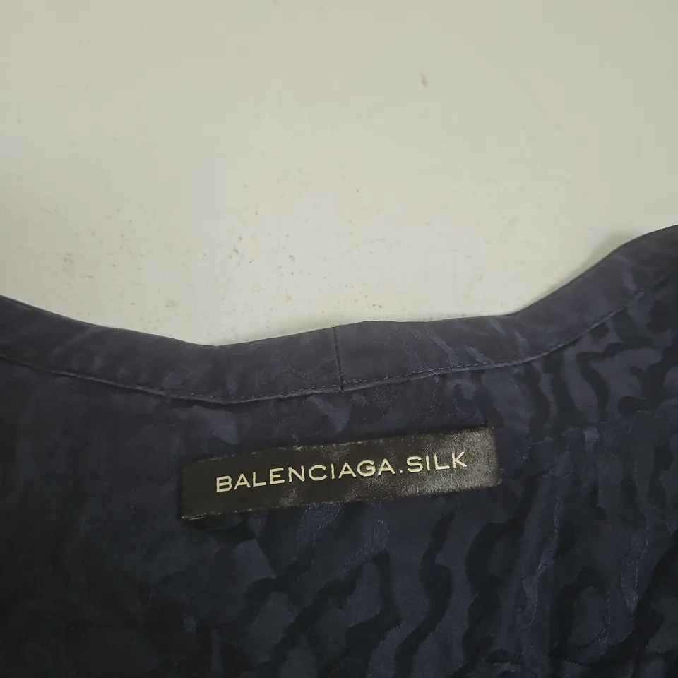 BALENCIAGA SILK DRESS – PURPLE JACQUARD, SHORT PUFF SLEEVES