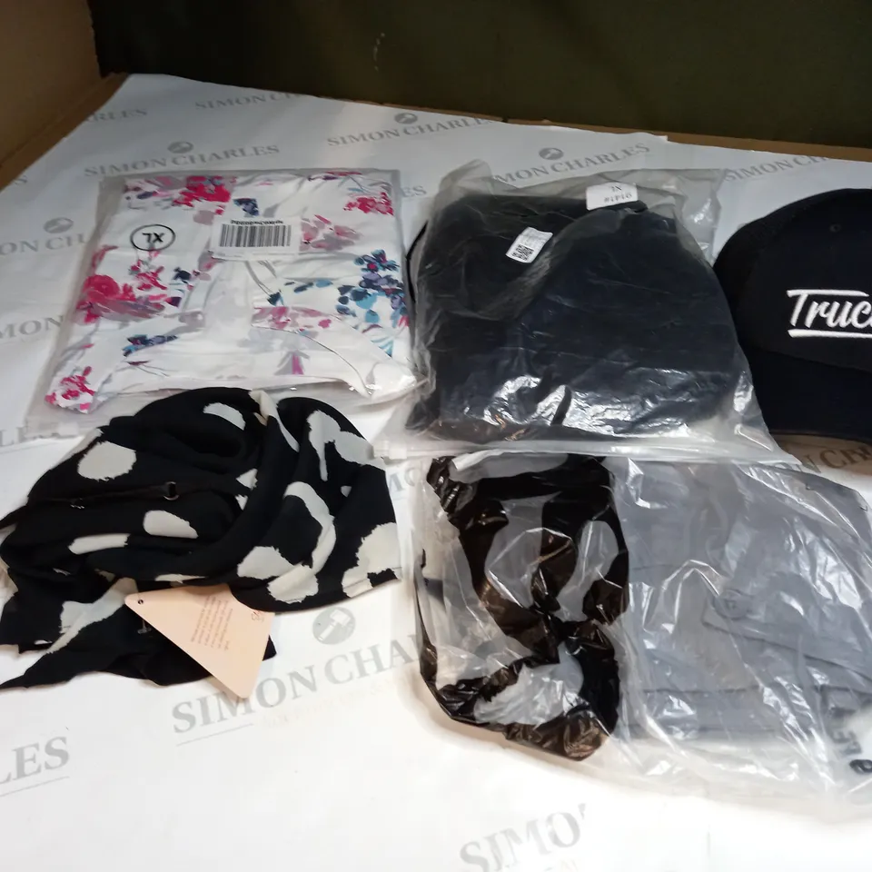  BOX OF ASSORTED CLOTHING ITEMS TOO INCLUDE DRESSES , SHIRTS AND TROUSERS IN VARIOUS SIZES AND COLOURS   