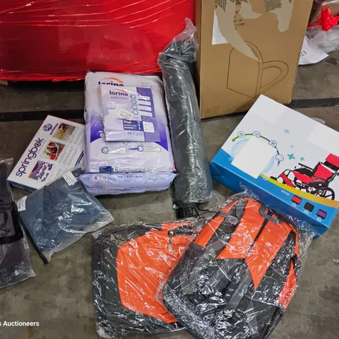 PALLET OF ASSORTED ITEMS TO INCLUDE, RUCKSACS, WHEELCHAIR CUSHION SET, LORINA ADULT PADS, CABLE TIES, BOXED SHOE STORAGE CABINET, TOILET SEATS, JIG SAW PUZZLES.