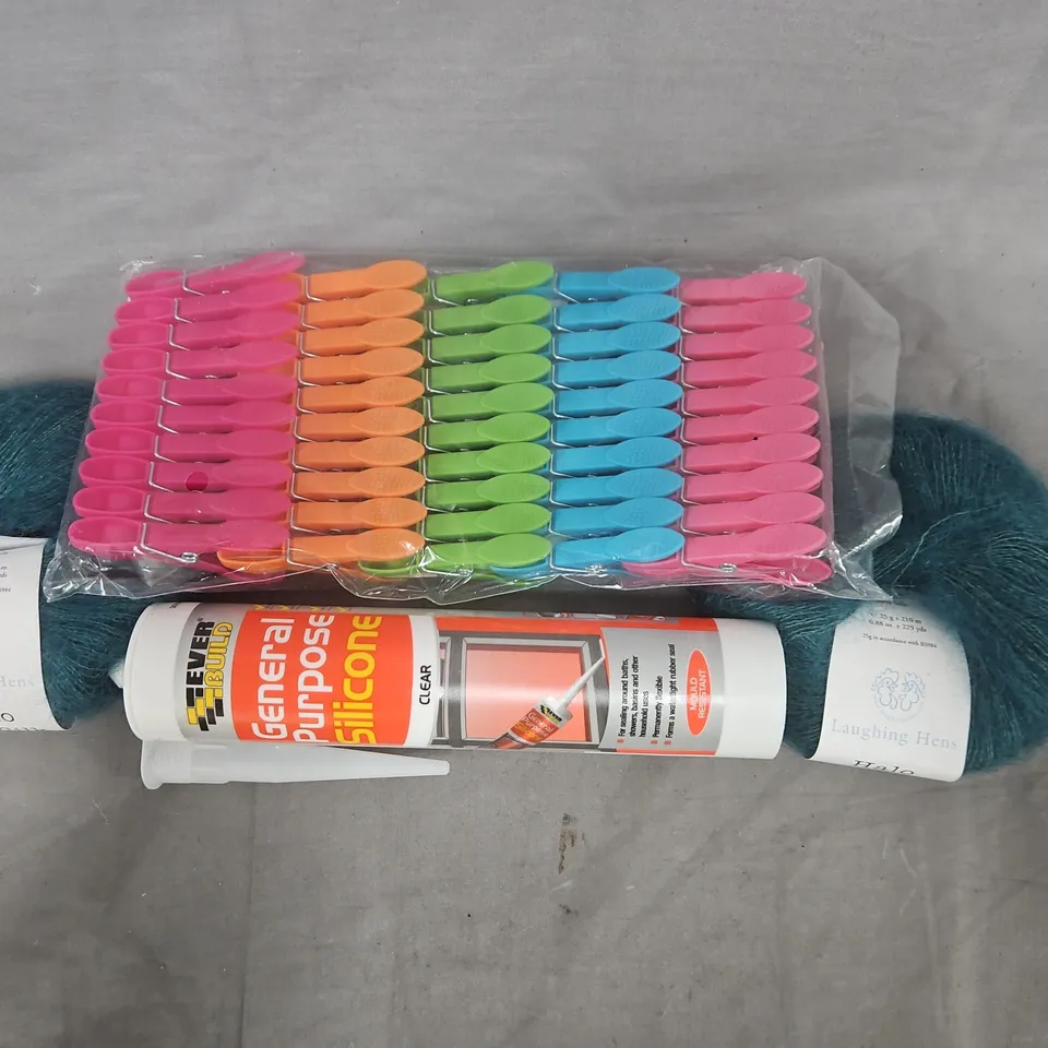 APPROXIMATELY 10 ASSORTED HOUSEHOLD ITEMS TO INCLUDE GENERAL PURPOSE SILICONE, HALO KID SILK, CLOTHES PEGS, ETC