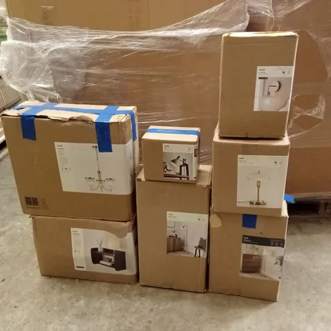 PALLET TO CONTAIN APPROXIMATELY 19 DESIGNER INDOOR LIGHTING PRODUCTS TO INCLUDE; CEILING LIGHTS, WALL LIGHTS, FLOOR LAMPS ETC