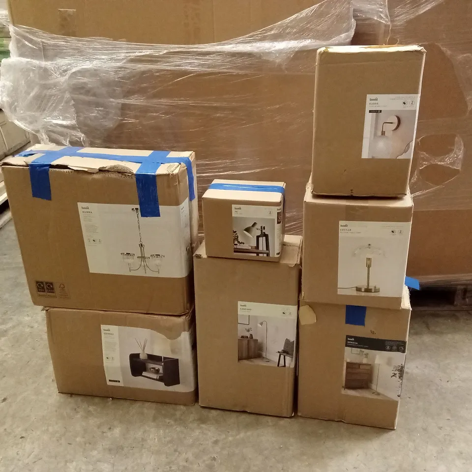 PALLET TO CONTAIN APPROXIMATELY 19 DESIGNER INDOOR LIGHTING PRODUCTS TO INCLUDE; CEILING LIGHTS, WALL LIGHTS, FLOOR LAMPS ETC