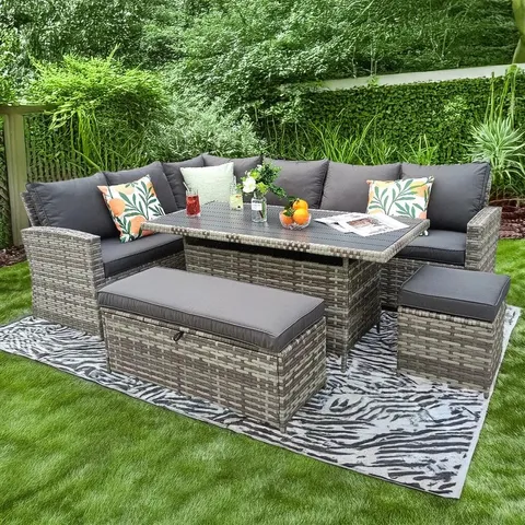 BOXED ROSEN 9 SEATER ALUMINIUM DINING TABLE TOP WITH STORAGE BENCH -DARK GREY-  [2 BOXES]