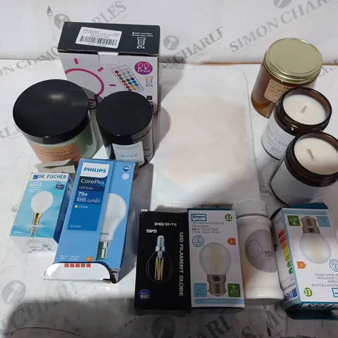 GROUP OF ASSORTED HOUSEHOLD ITEMS TOO INCLUDE CANDLES AND LIGHTING
