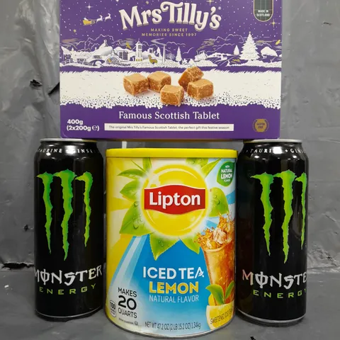 APPROXIMATELY 8 ASSORTED FOOD/DRINK PRODUCTS TO INCLUDE MONSTER ENERGY DRINKS, LIPTON LEMON ICED TEA MIX, ETC