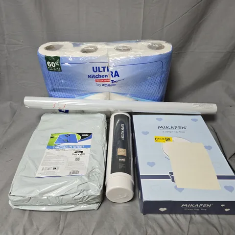 APPROXIMATELY 20 ASSORTED HOUSEHOLD ITEMS TO INCLUDE MILKEFAN SLEEPING BAG, SUPER FILTER, TARPAULIN SHEET, ETC