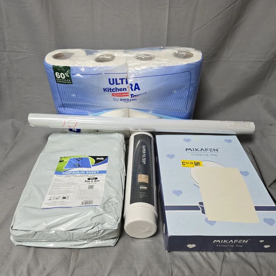 APPROXIMATELY 20 ASSORTED HOUSEHOLD ITEMS TO INCLUDE MILKEFAN SLEEPING BAG, SUPER FILTER, TARPAULIN SHEET, ETC
