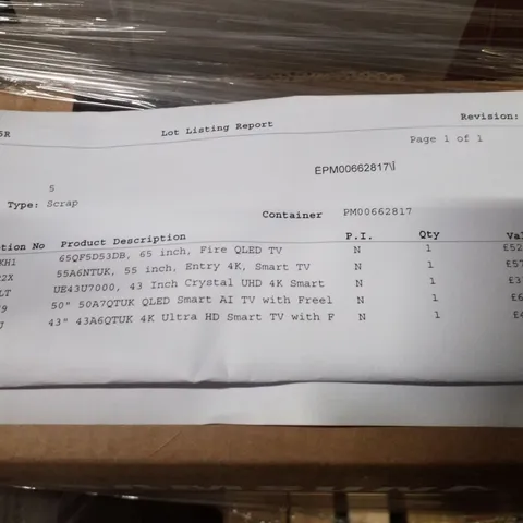 PALLET OF FIVE ASSORTED WAREHOUSE DAMAGED TV'S TO INCLUDE;