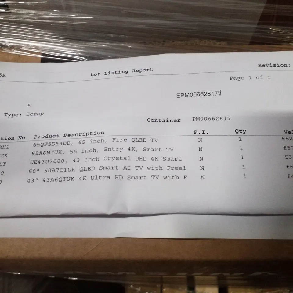 PALLET OF FIVE ASSORTED WAREHOUSE DAMAGED TV'S TO INCLUDE;