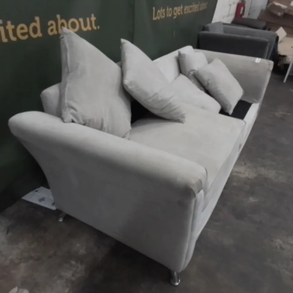 DESIGNER LIGHT GREY FABRIC THREE SEATER SOFA WITH SCATTER BACK CUSHIONS 