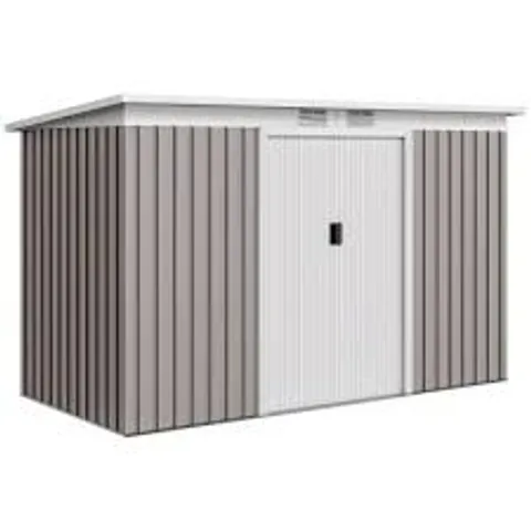 BOXED OUTSUNNY CORRUGATED GARDEN METAL STORAGE SHED OUTDOOR EQUIPMENT TOOL BOX WITH KIT VENTILATION DOORS 9X 4FT LIGHT GREY (2 BOXES)