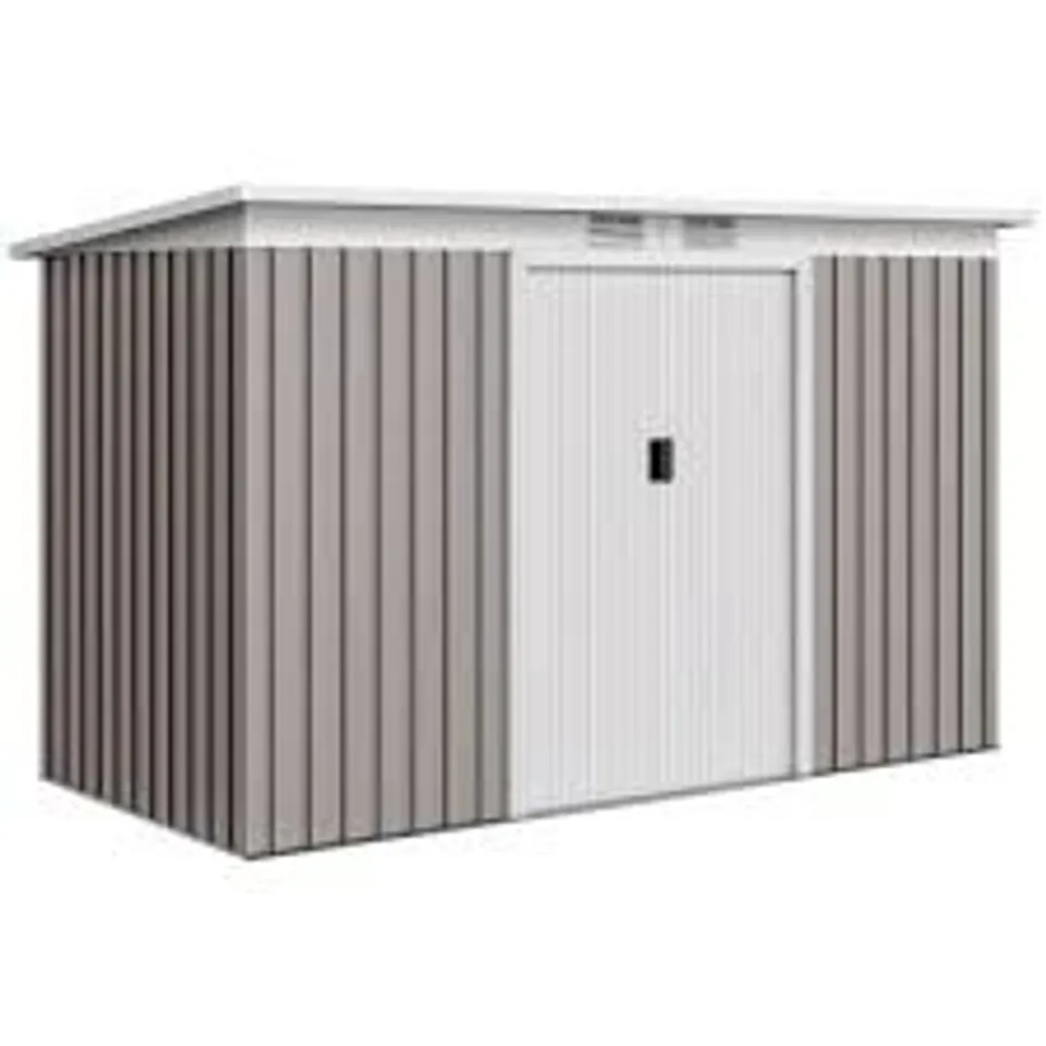 BOXED OUTSUNNY CORRUGATED GARDEN METAL STORAGE SHED OUTDOOR EQUIPMENT TOOL BOX WITH KIT VENTILATION DOORS 9X 4FT LIGHT GREY (2 BOXES)