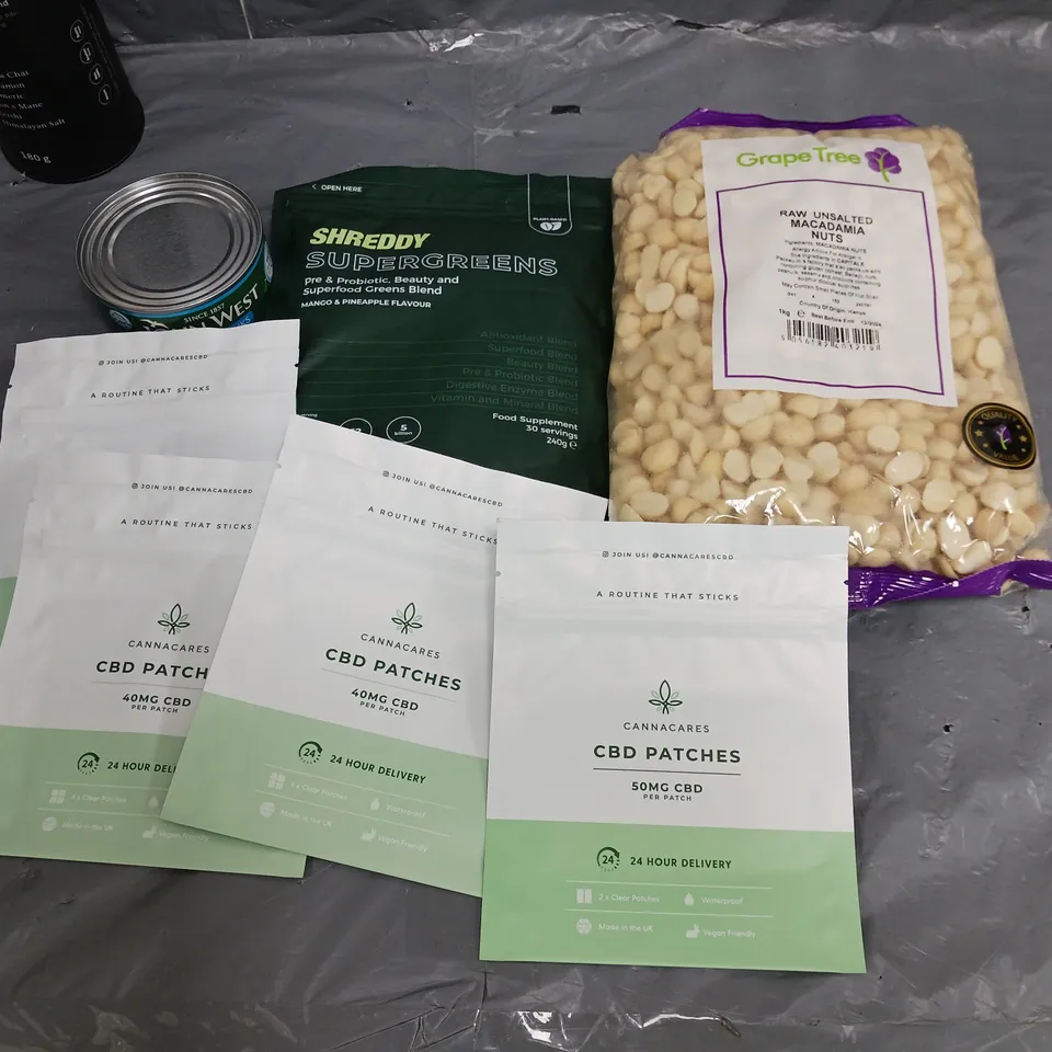 APPROXIMATELY 8 ASSORTED FOOD ITEMS TO INCLUDE SUPERGREENS BY SHREDDY, MONIN PINEAPPLE, MANUKAPHARM 70 MGO, AND CANNACARE CBD PATCHES 50MG ETC.