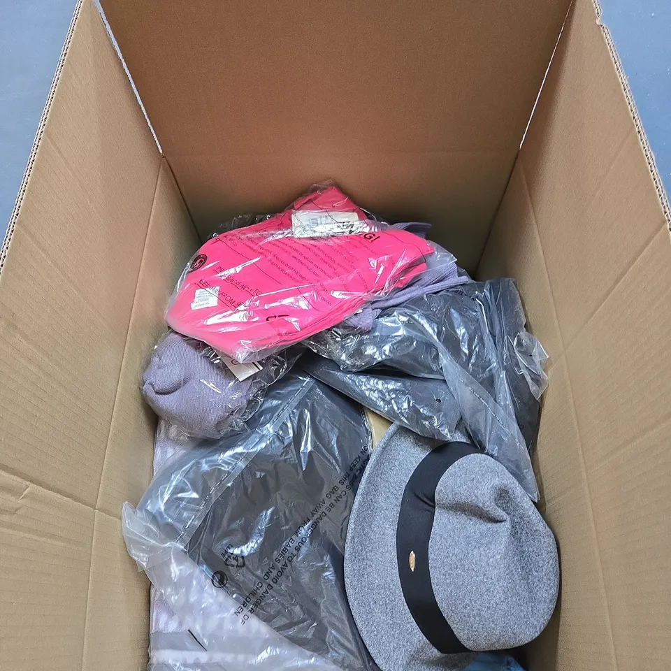BOX OF APPROXIMATELY 25 ITEMS OF CLOTHING IN VARIOUS STYLES , SIZES AND COLOURS