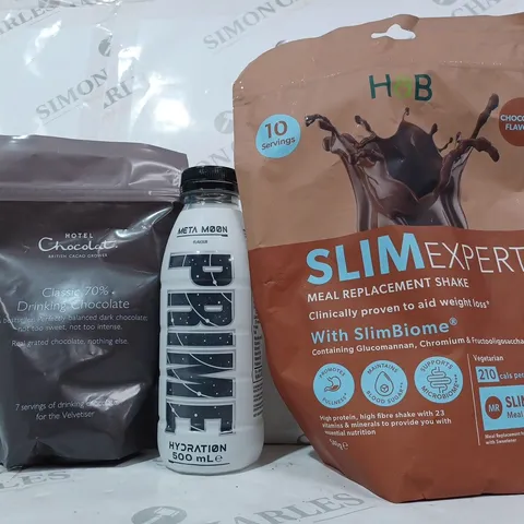 APPROXIMATELY 5 ASSORTED FOOD & DRINK ITEMS TO INCLUDE SLIM EXPERT MEAL REPLACEMENT SHAKE, PRIME HYDRATION META MOON FLAVOUR, HOTEL CHOCOLAT CLASSIC 70% DRINKING CHOCOLATE, ETC
