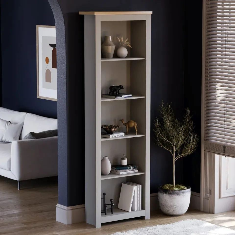BOXED BEACSFIELD 175cm H x 59cm W STANDARD BOOKCASE - GREY & OAK (1 BOX)