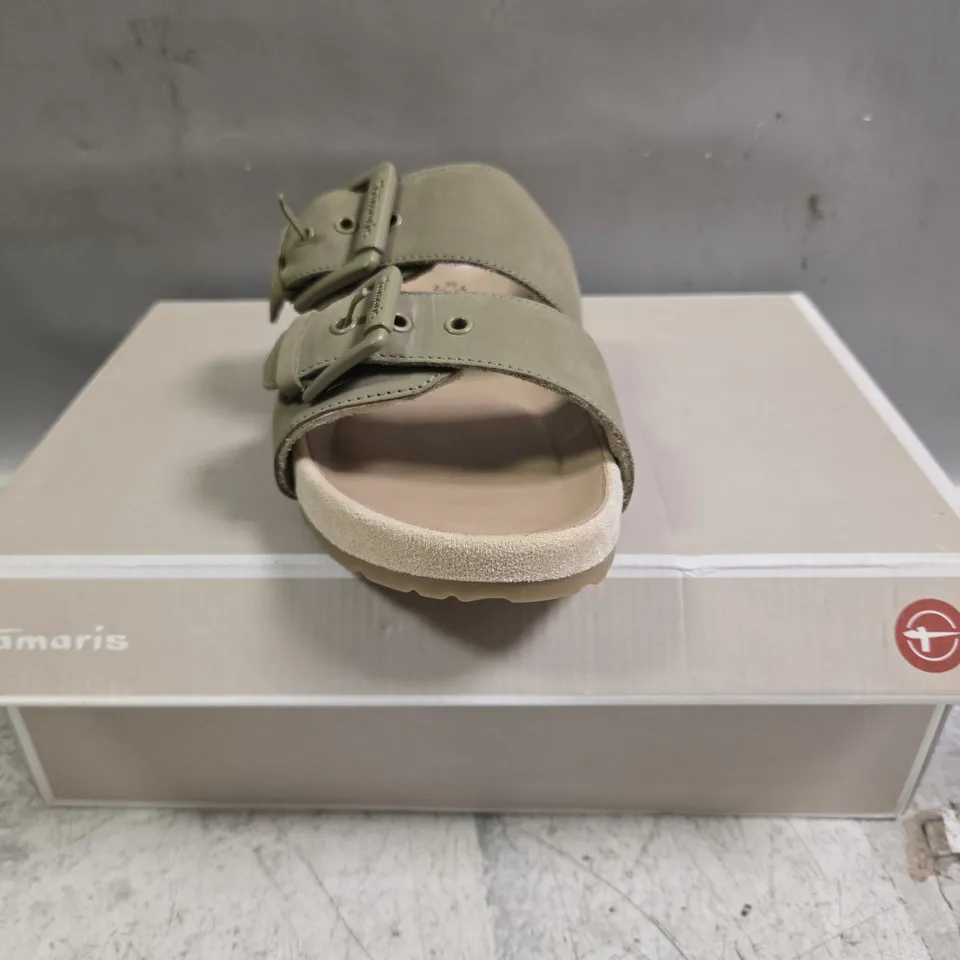 BOXED PAIR OF TAMARI OPEN TOE SANDALS IN SAGE SIZE EU 39