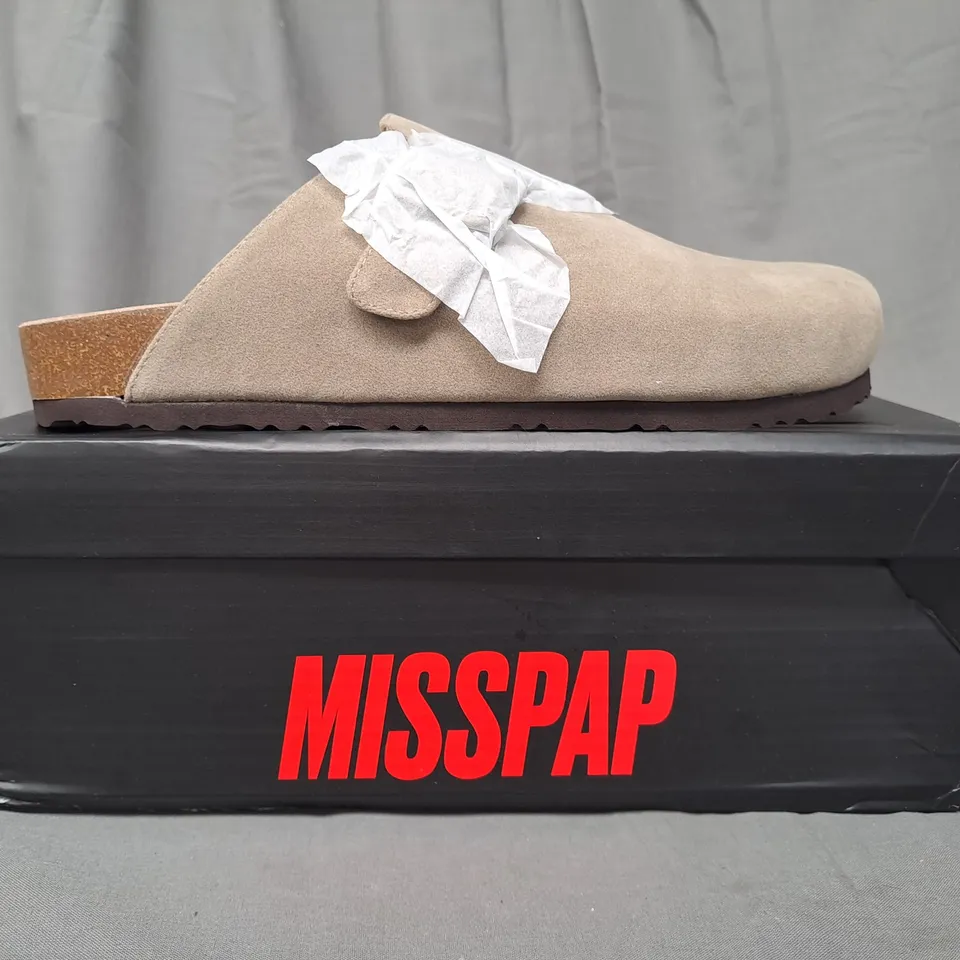 BOXED PAIR OF MISSPAP FAUX SUEDE BUCKLE CLOGS IN BEIGE SIZE 6