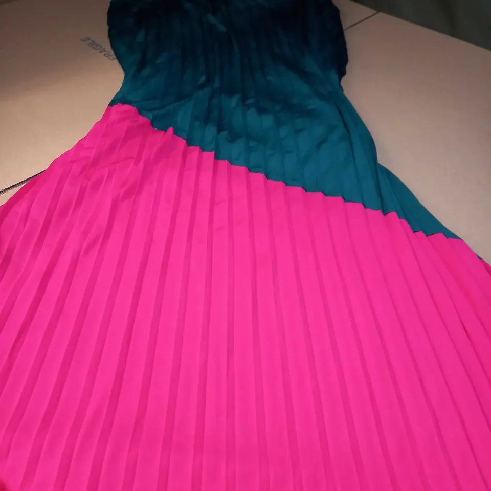 RIVER ISLAND EMMERALD/HOT PINK PLEATED MAXI DRESS - SIZE 16