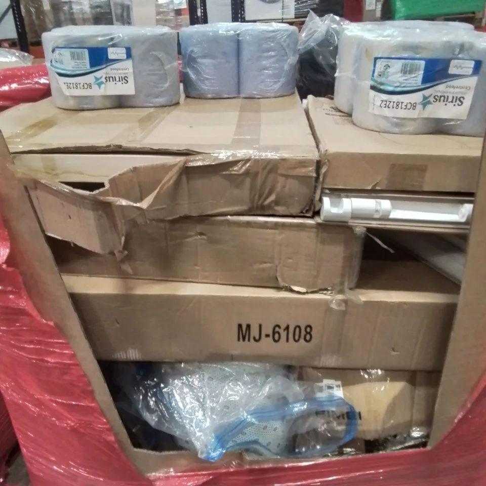 PALLET CONTAINING VARIOUS ASSORTED ITEMS TO INCLUDE: BLUE ROLL, TOILET SEATS, PIN BOARDS, MATTRESS TOPPER AND LOTS MORE UNMARKED BOXED ITEMS 