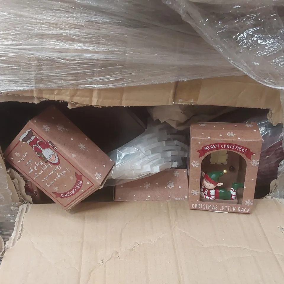 PALLET CONTAINING A VERY LARGE QUANTITY OF ASSORTED ITEMS INCLUDING: CHRISTMAS TRAINS, CHRISTMAS STORAGE BAGS, CHRISTMAS LETTER RACKS, LIGHT UP PENGUINS ECT