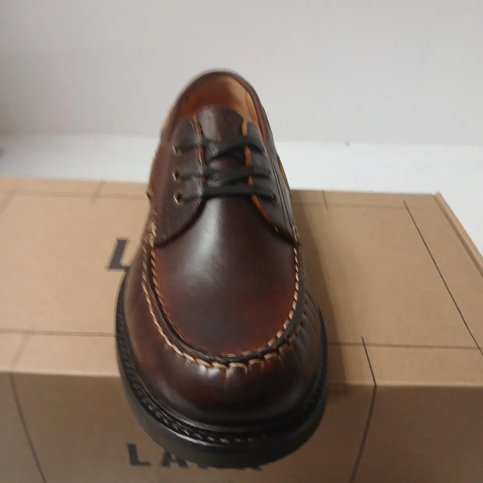 BOXED PAIR OF LANX MEN'S BROWN LEATHER BOAT SHOES, UK 8