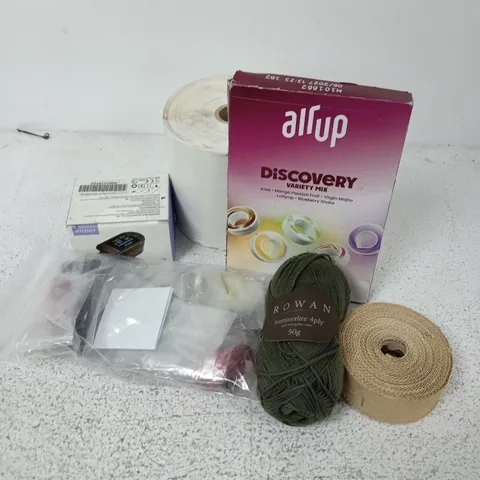 APPROXIMATELY 12 ASSORTED HOUSEHOLD ITEMS TO INCLUDE PULSE OXIMETER, AIR UP PODS, STRING, ETC