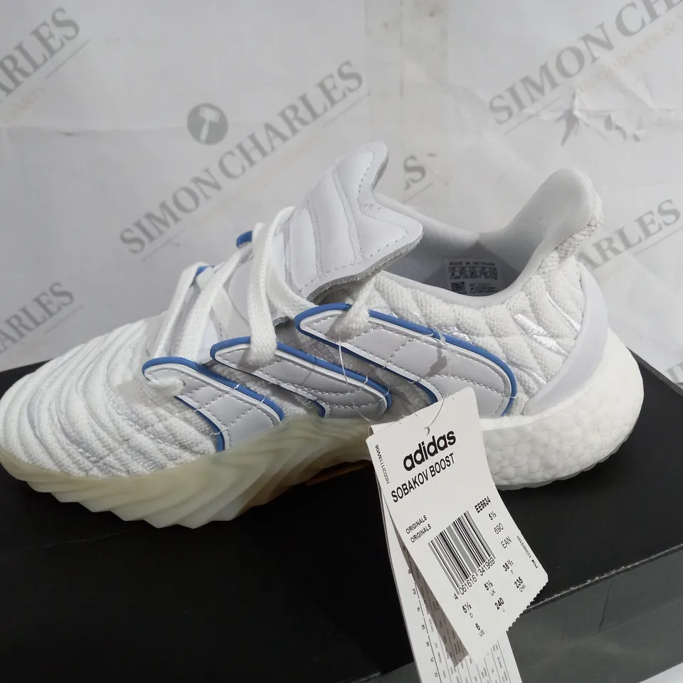 BOXED PAIR OF ADIDAS SOBAKOV BOOST WHITE TRAINERS SIZE 5.5