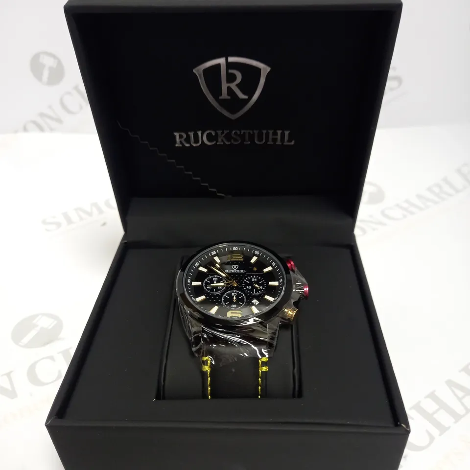 MEN’S RUCKSTUHL CHRONOGRAPH WATCH – MODEL R120 – BLACK MULTI-FUNCTION DIAL – BLACK GENUINE LEATHER STRAP – 3ATM WATER RESISTANT