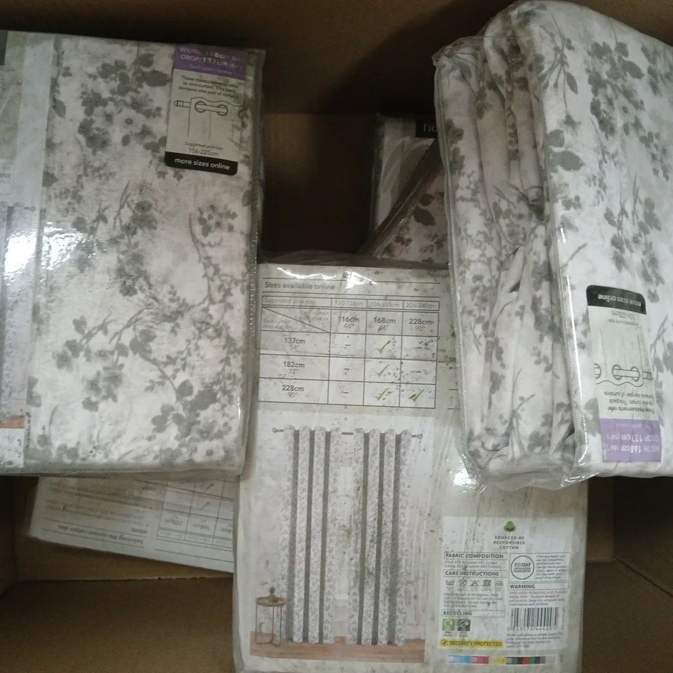 BOX OF APPROXIMATELY 8 ASSORTED FLORAL PRINT EYELET CURTAINS (SIZES MAY VARY) - COLLECTION ONLY