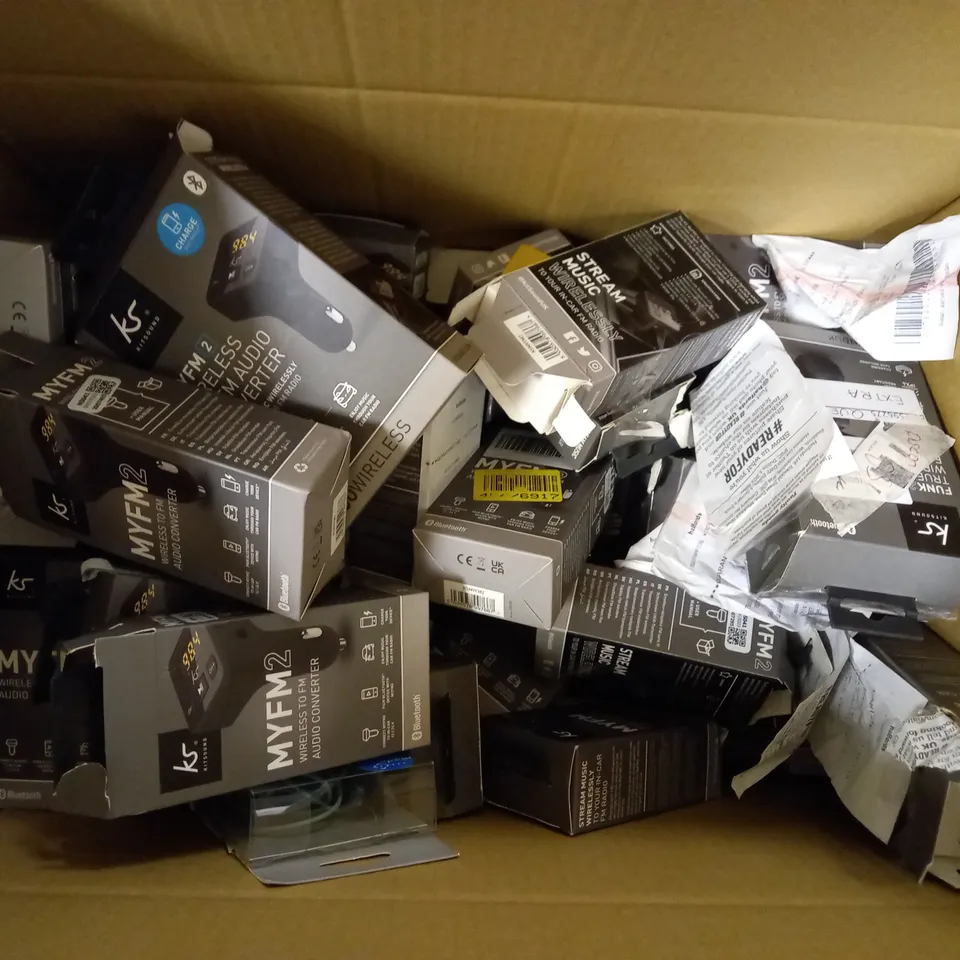 BOX OF APPROX 30 KITSOUNDS MYFM2 WIRELESS TO FM AUDIO CONVERTERS