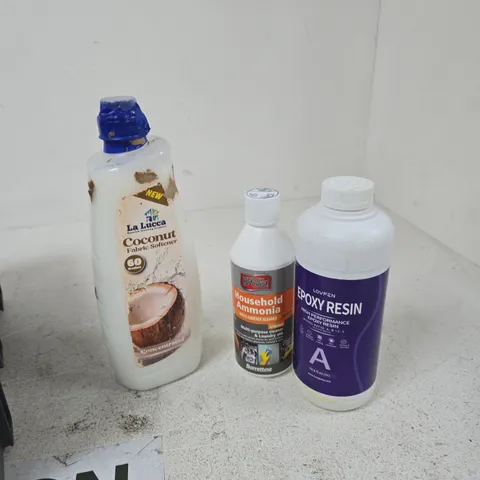 TOTE OF APPROXIMATELY 12 ASSORTED ITEMS TO INCLUDE: EPOXY RESIN, AMMONIA AND COCONUT FABRIC SOFTENER