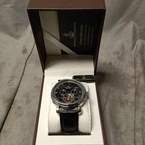 BOXED SAMUEL JOSEPH AUTOMATIC LIMITED EDITION SILVER WATCH WITH BLACK FACE