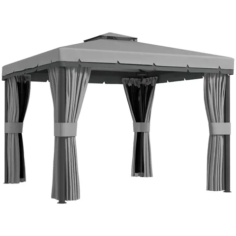 BOXED 3×3M PATIO GAZEBO CANOPY WITH 2 TIER WATER REPELLENT ROOF, NETTING & CURTAINS, LIGHT GREY