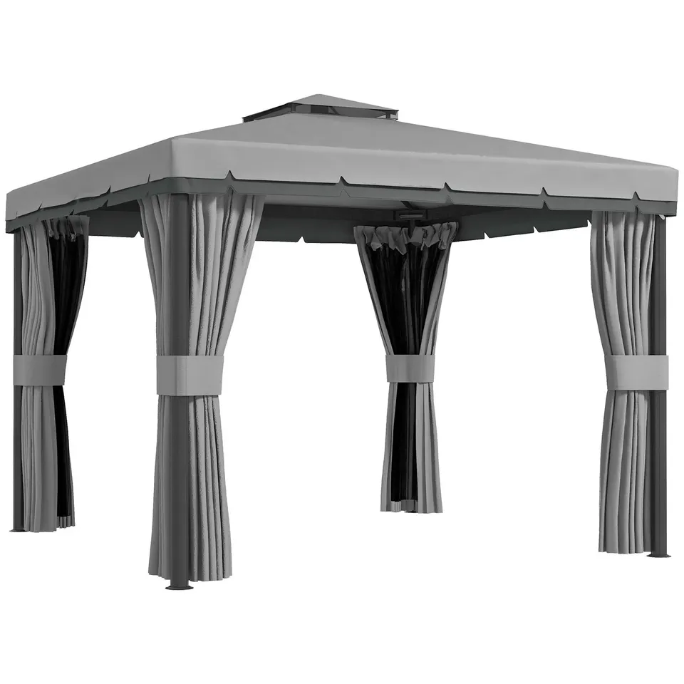 BOXED 3×3M PATIO GAZEBO CANOPY WITH 2 TIER WATER REPELLENT ROOF, NETTING & CURTAINS, LIGHT GREY