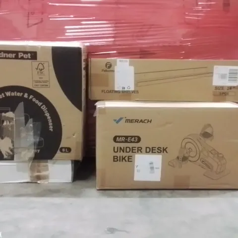 PALLET OF ASSORTED HOUSEHOLD GOODS AND PRODUCTS TO INCLUDE;UNDER DESKBIKE MACHINE,PET WATER AND FOOD DISPENSER,FLOATING SHELVES 