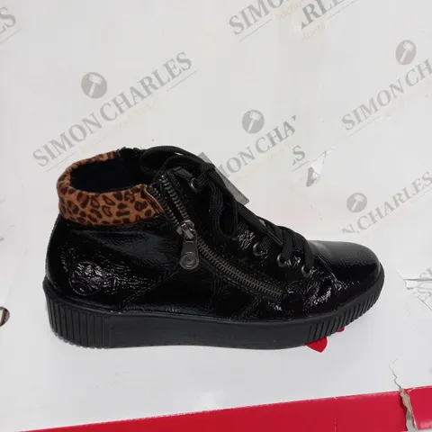 BOXED PAIR OF RIEKER BROWN HIGH TOP LEOPARD CUFF TRAINERS BLACK - SIZE 5