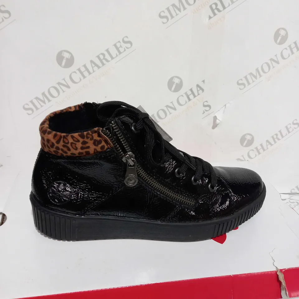 BOXED PAIR OF RIEKER BROWN HIGH TOP LEOPARD CUFF TRAINERS BLACK - SIZE 5 