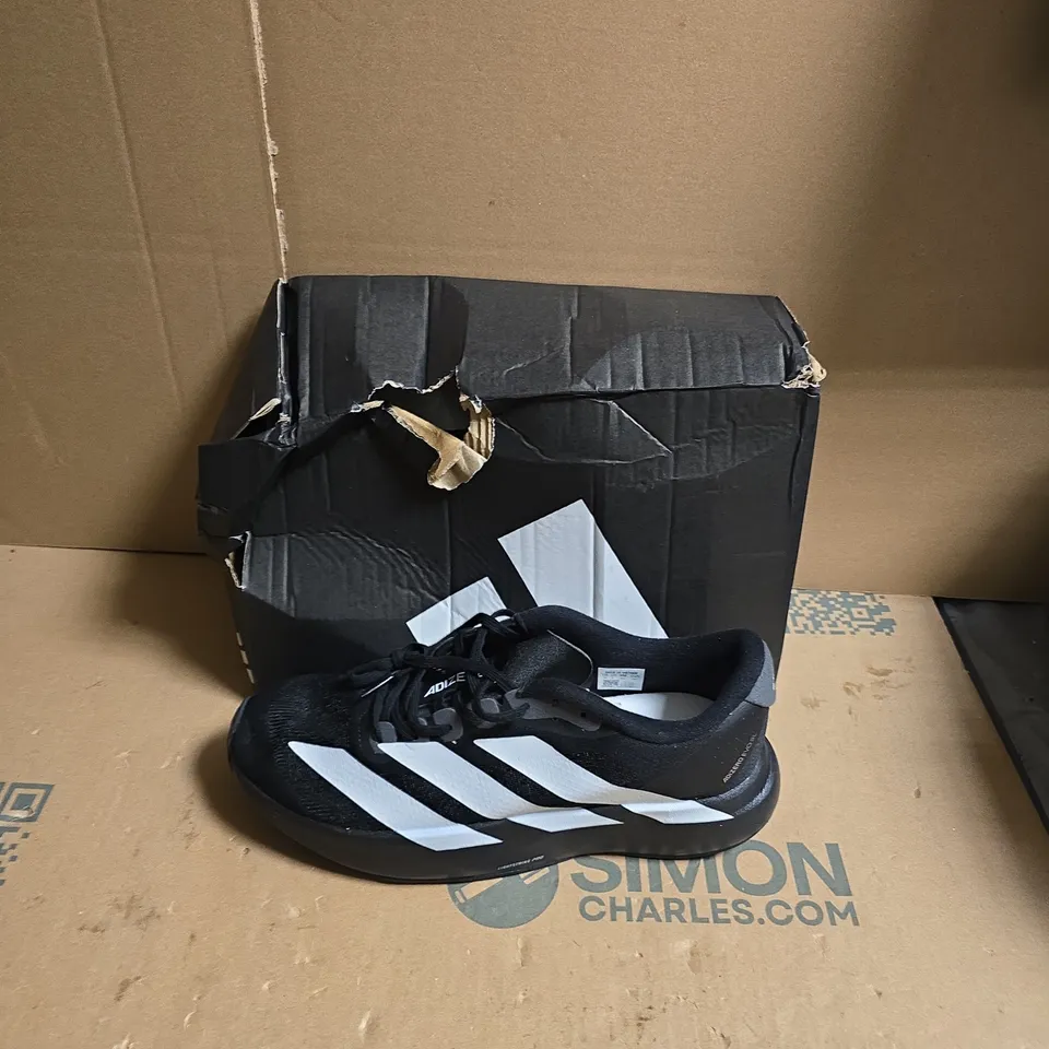 ADIDAS ADIZERO RUNNING SHOES – BLACK/WHITE - UK SIZE 9 - DAMAGED BOX 