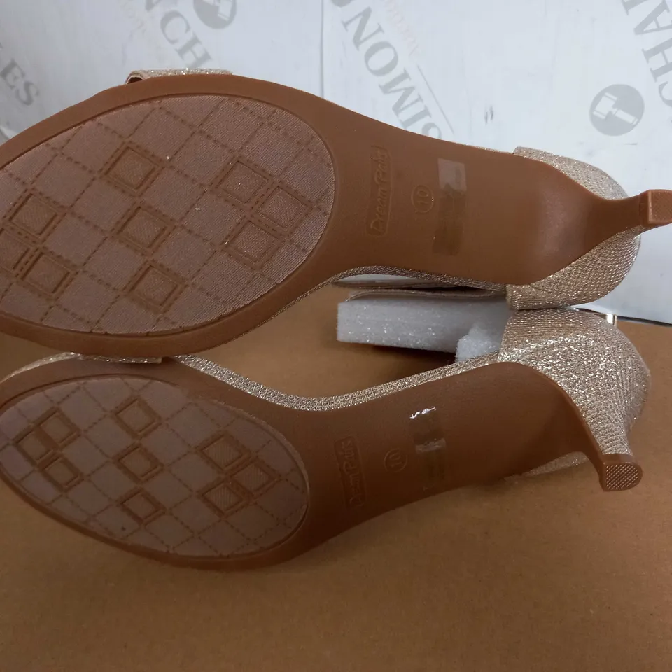 BOXED PAIR OF DREAM PARIS HEELS (GOLD, GLITTER), SIZE 10 UK