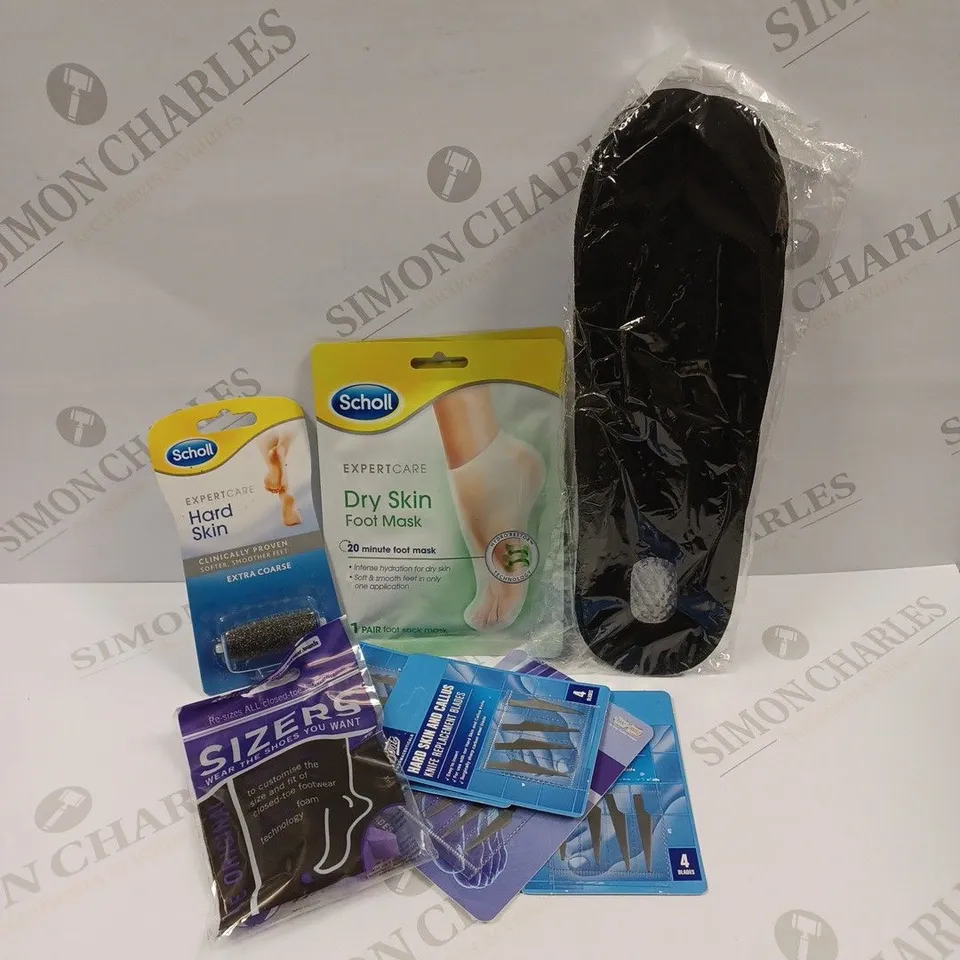 LOT OF 9 ASSORTED FOOT CARE PRODUCTS TO INCLUDE HARD SKIN AND CALLUS KNIFE REPLACEMENT BLADES, SCHOLL DRY SKIN FOOT MASK, SCHOLL HARD SKIN ROLLER HEAD, SIZERS ETC. 