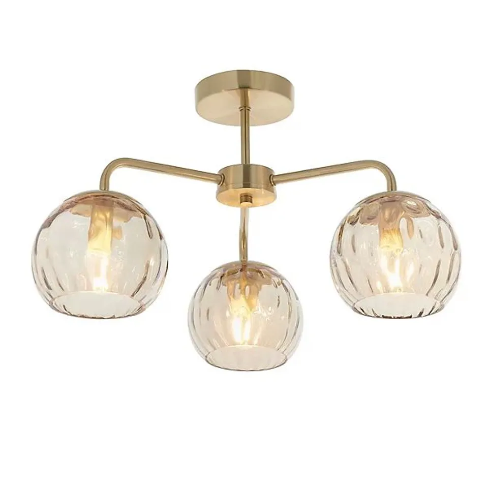 BOXED LUMINOSA DIMPLE MULTI ARM GLASS SEMI FLUSH CEILING LIGHT SATIN BRASS PLATE, CHAMPAGNE LUSTRE GLASS