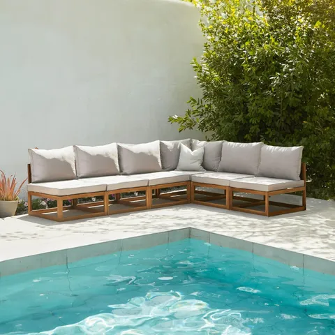 BOXED ROWAN 6 SEATER WOODEN GARDEN CORNER SOFA - SAND
