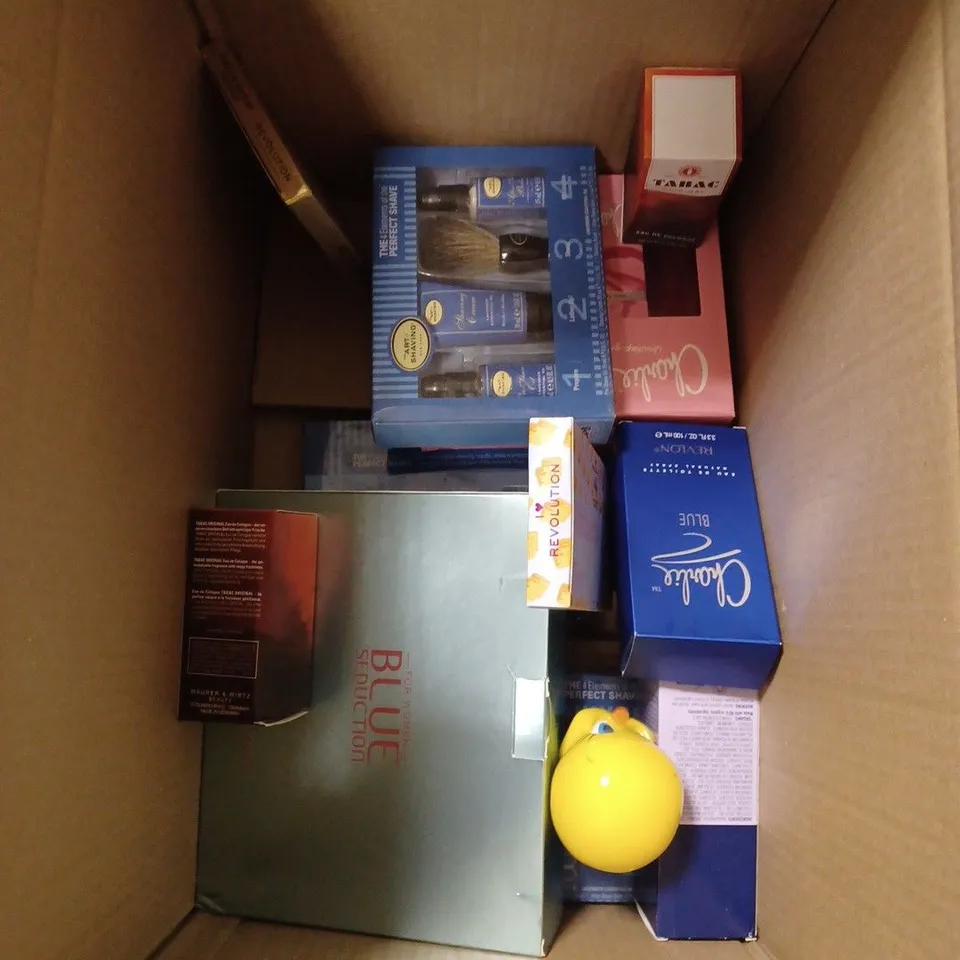 BOX OF APPROXIMATELY 15 ASSORTED HEALTH AND BEAUTY ITEMS TO INCLUDE ART SHAVING, CHARLIE BLUE, REVOLUTION EYESHADOW PALLET ETC