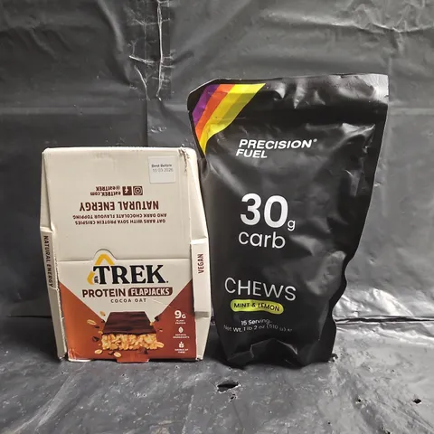 APPROXIMATELY 5 ASSORTED FOOD AND DRINK ITEMS TO INCLUDE TREK PROTEIN FLAPJACKS MULTIPACK, PRECISION FUEL MINT & LEMON CHEWS, ETC