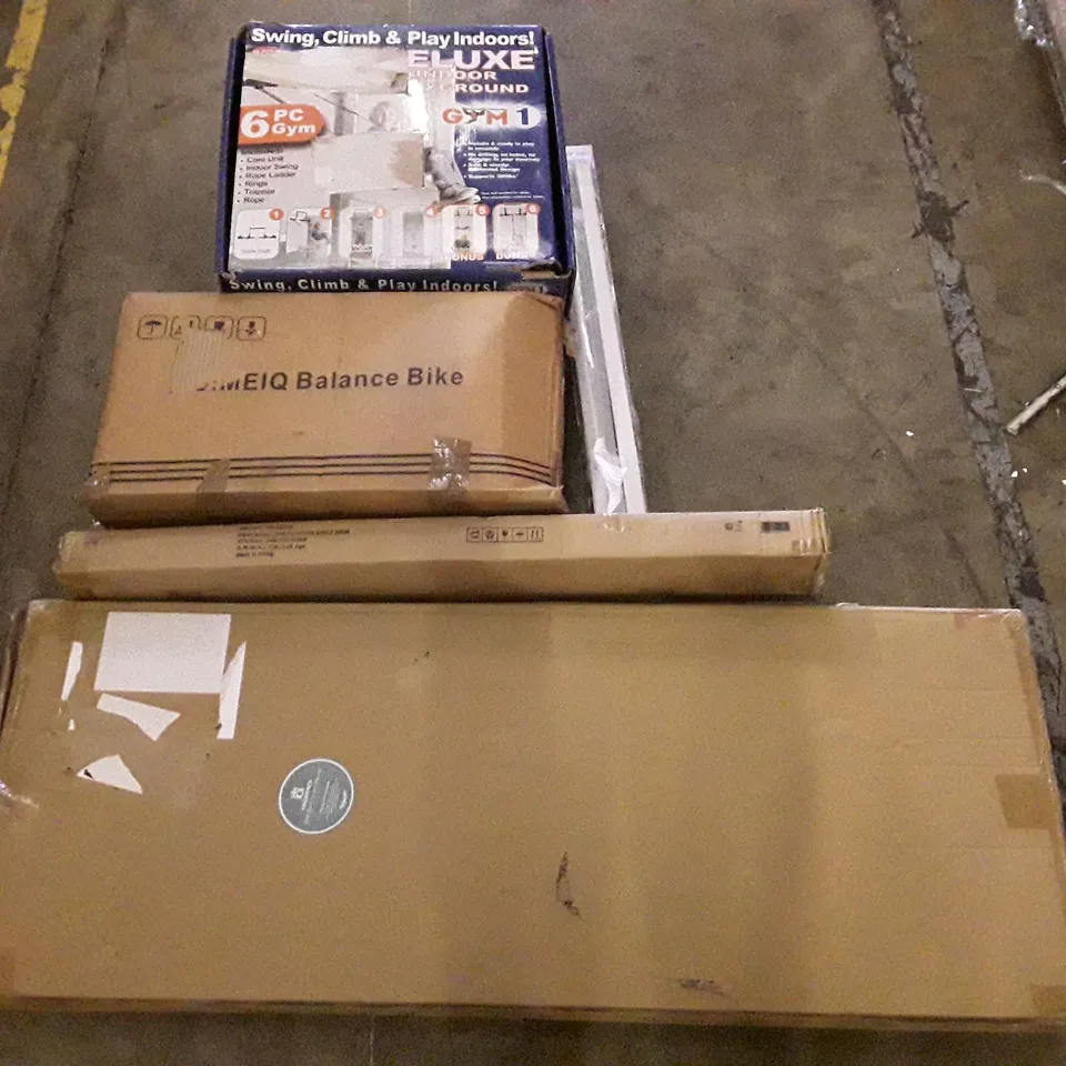 PALLET OF ASSORTED PRODUCTS INCLUDING BALANCE BIKE, ROLLER BLIND, FLOATING SHELF, INDOOR PLAYGROUND, YAMAHA DIGITAL PIANO