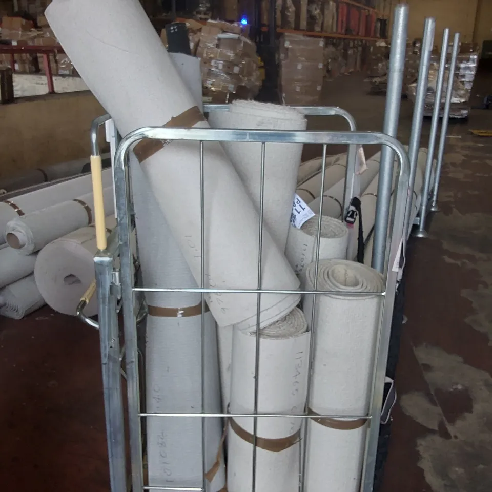 CAGE CONTAINING APPROXIMATELY 6 ASSORTED SMALL CARTPETS/CARPET CUT-OFFS // CAGE NOT INCLUDED 